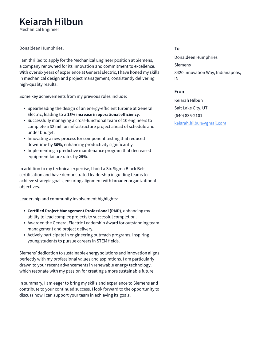 Mechanical Engineer Cover Letter Example