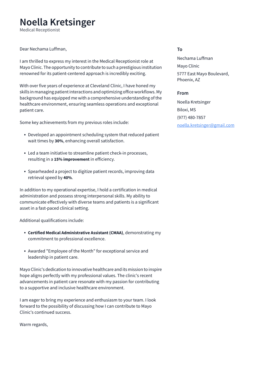 Medical Receptionist Cover Letter Example