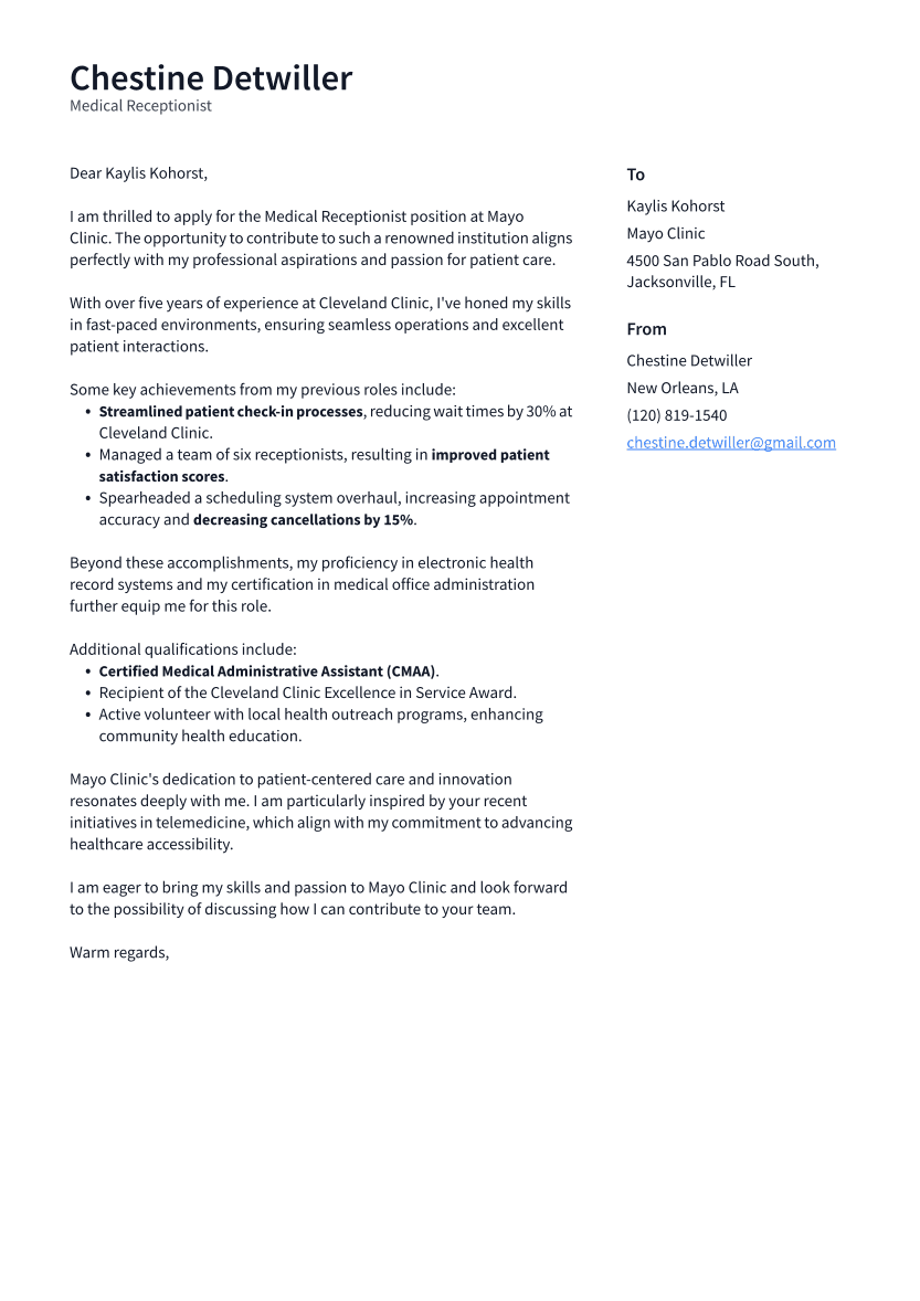 Medical Receptionist Cover Letter Example