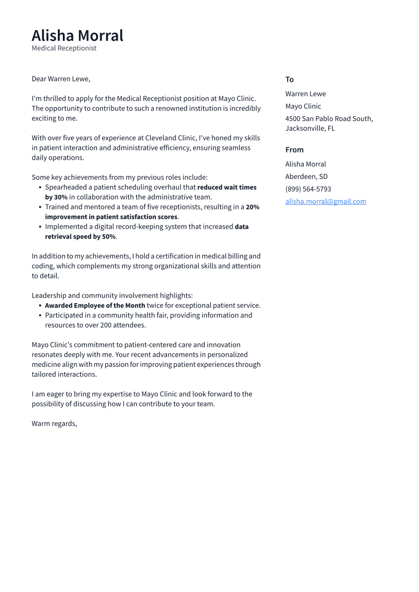 Medical Receptionist Cover Letter Example