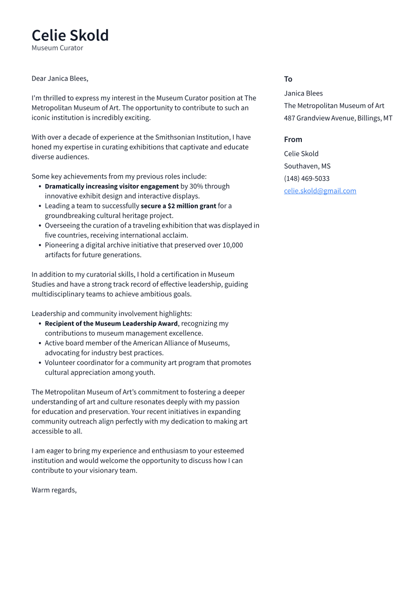 Museum Curator Cover Letter Example