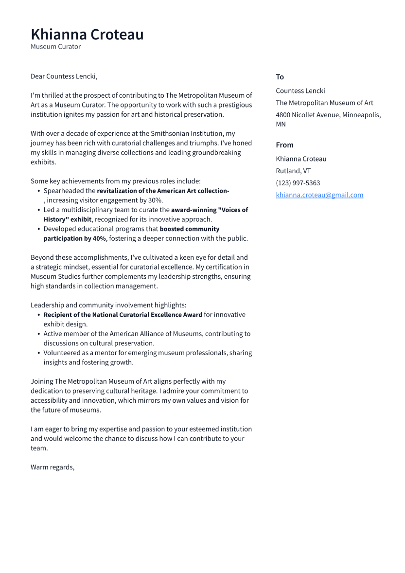 Museum Curator Cover Letter Example