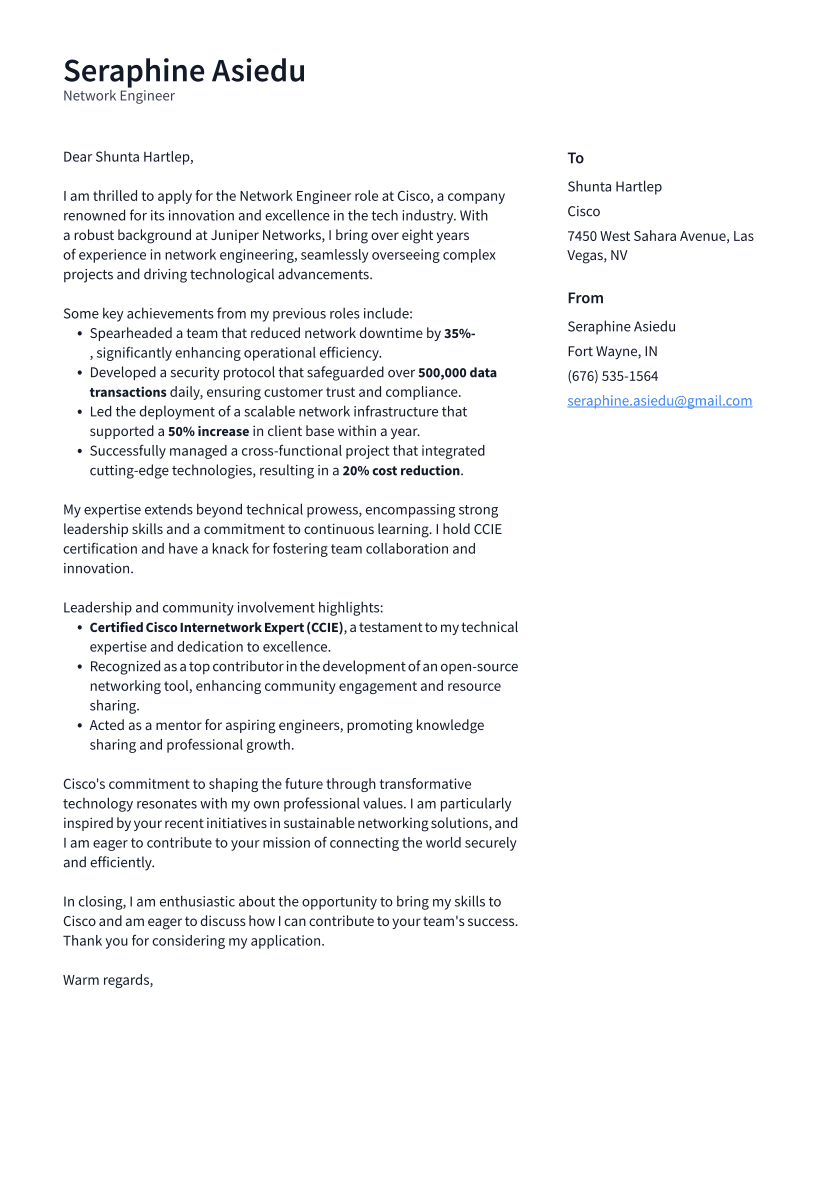Network Engineer Cover Letter Example
