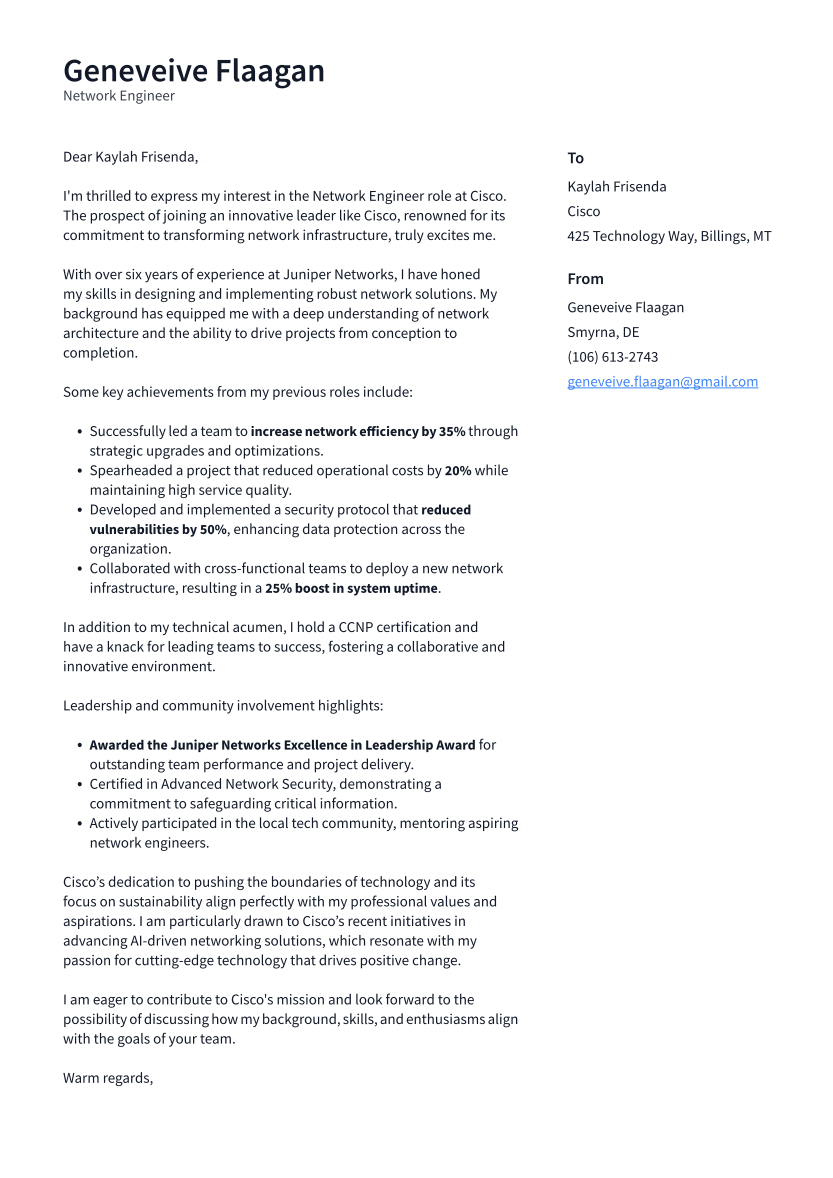 Network Engineer Cover Letter Example