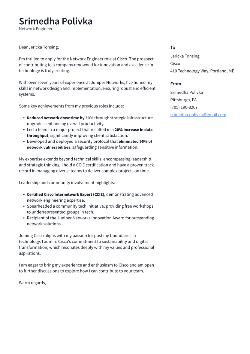 Network Engineer Cover Letter Example