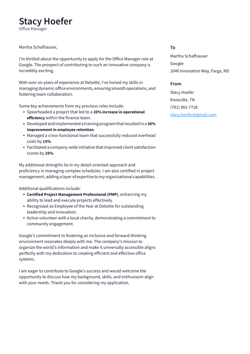 Office Manager Cover Letter Example