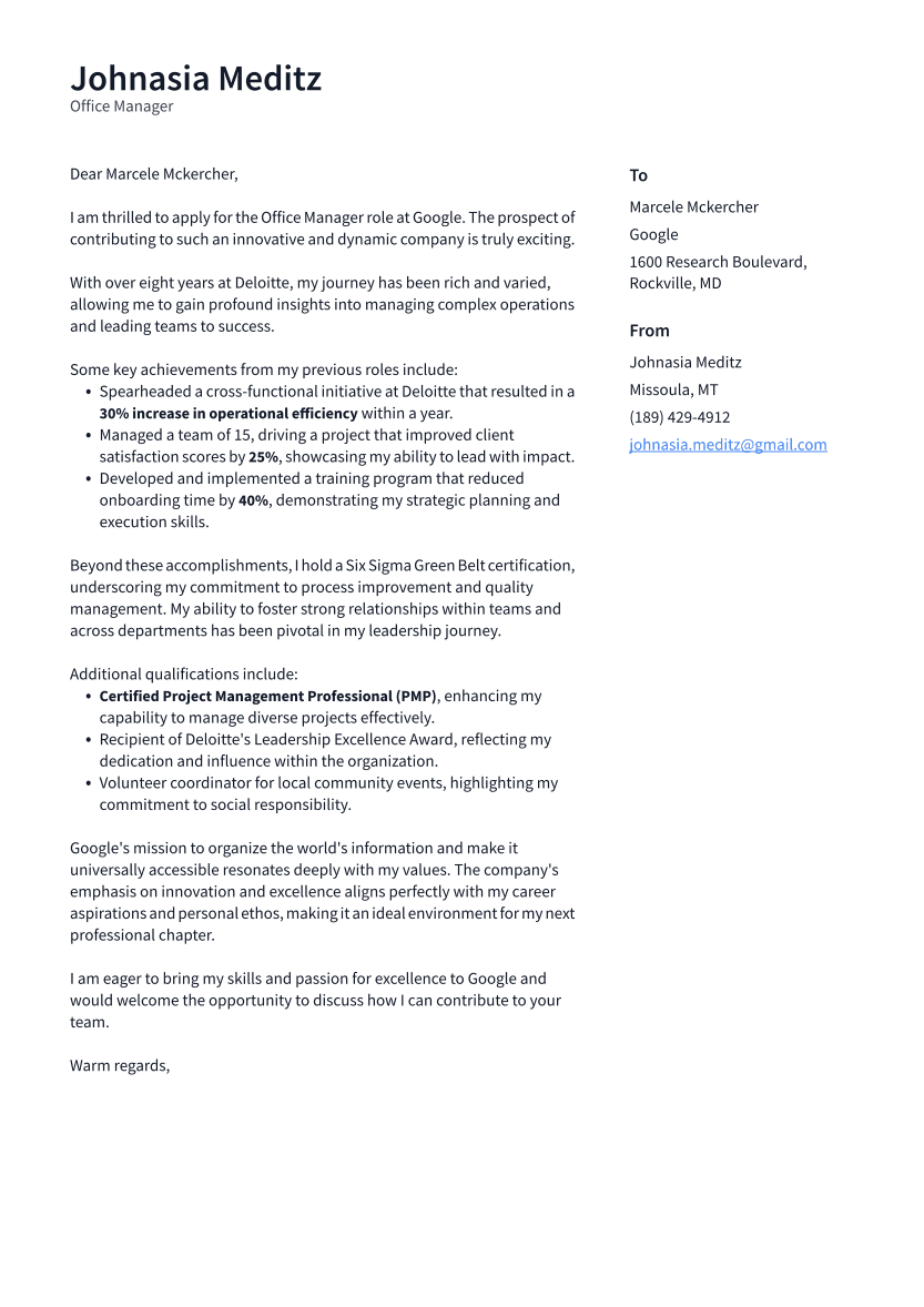Office Manager Cover Letter Example