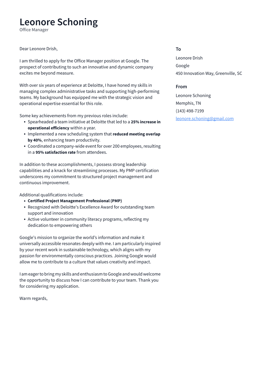 Office Manager Cover Letter Example
