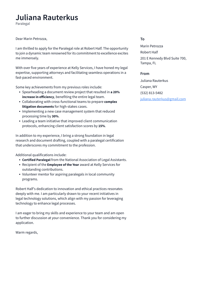 Paralegal Cover Letter Example