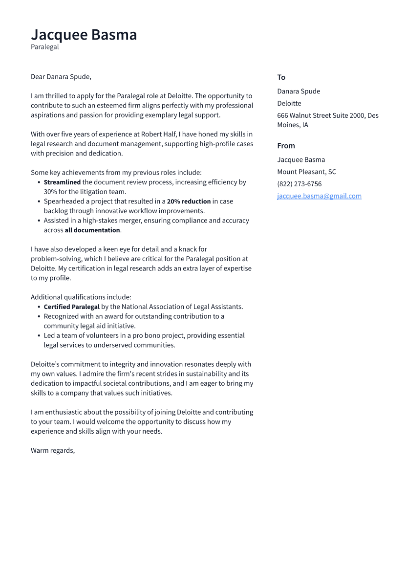 Paralegal Cover Letter Example
