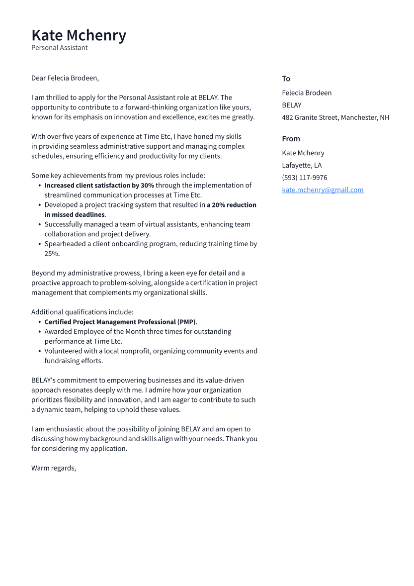 Personal Assistant Cover Letter Example