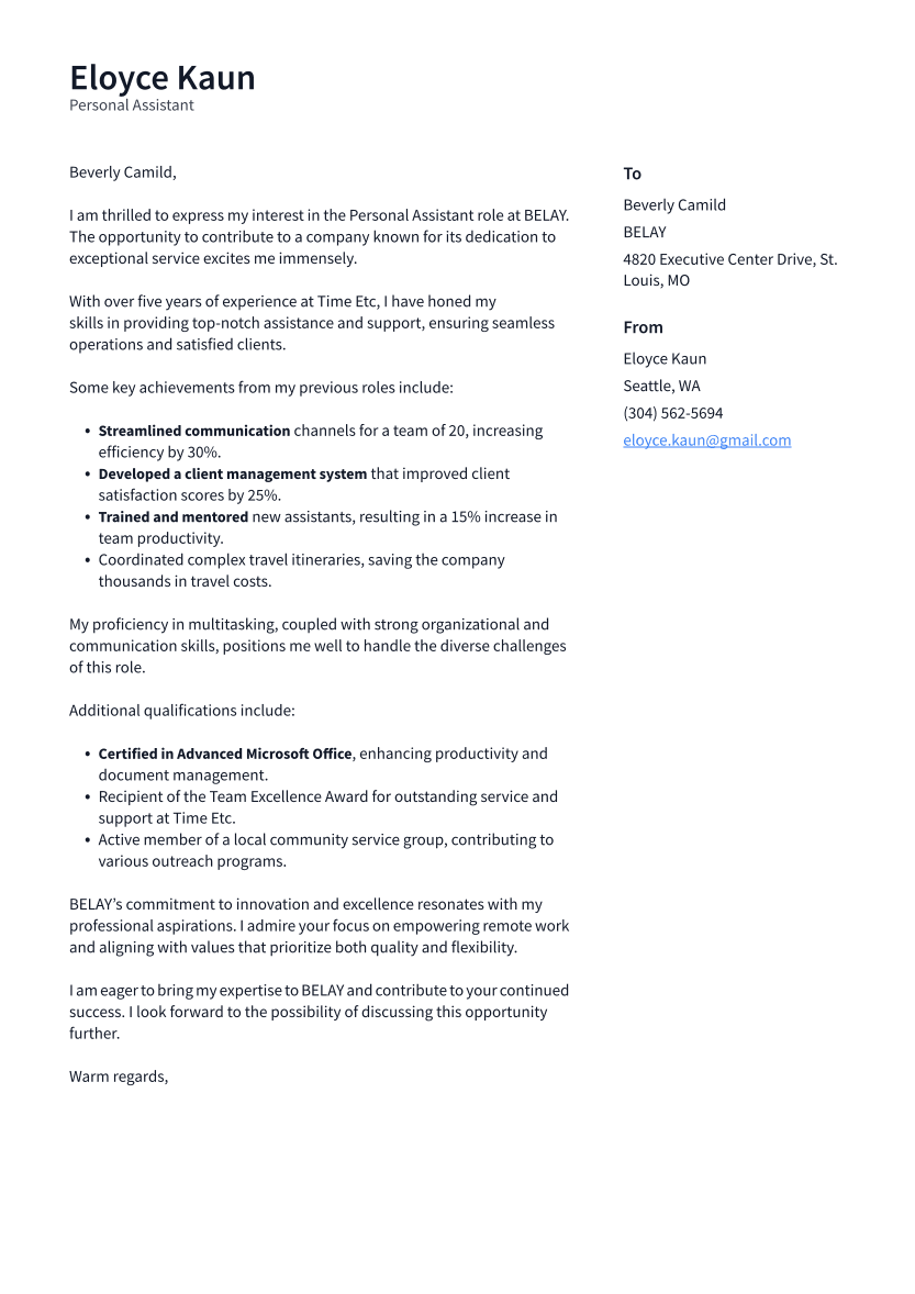 Personal Assistant Cover Letter Example