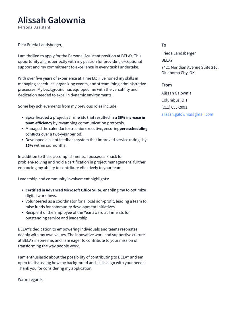 Personal Assistant Cover Letter Example