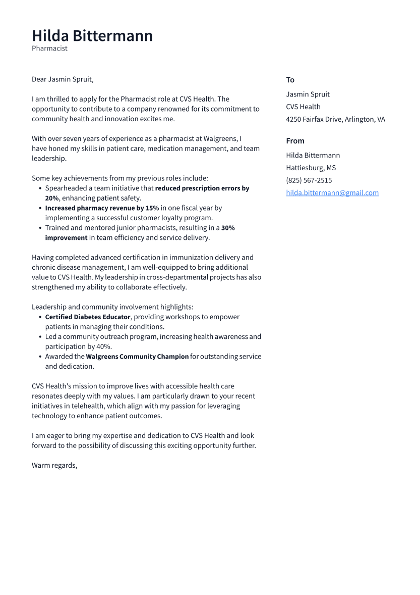 Pharmacist Cover Letter Example