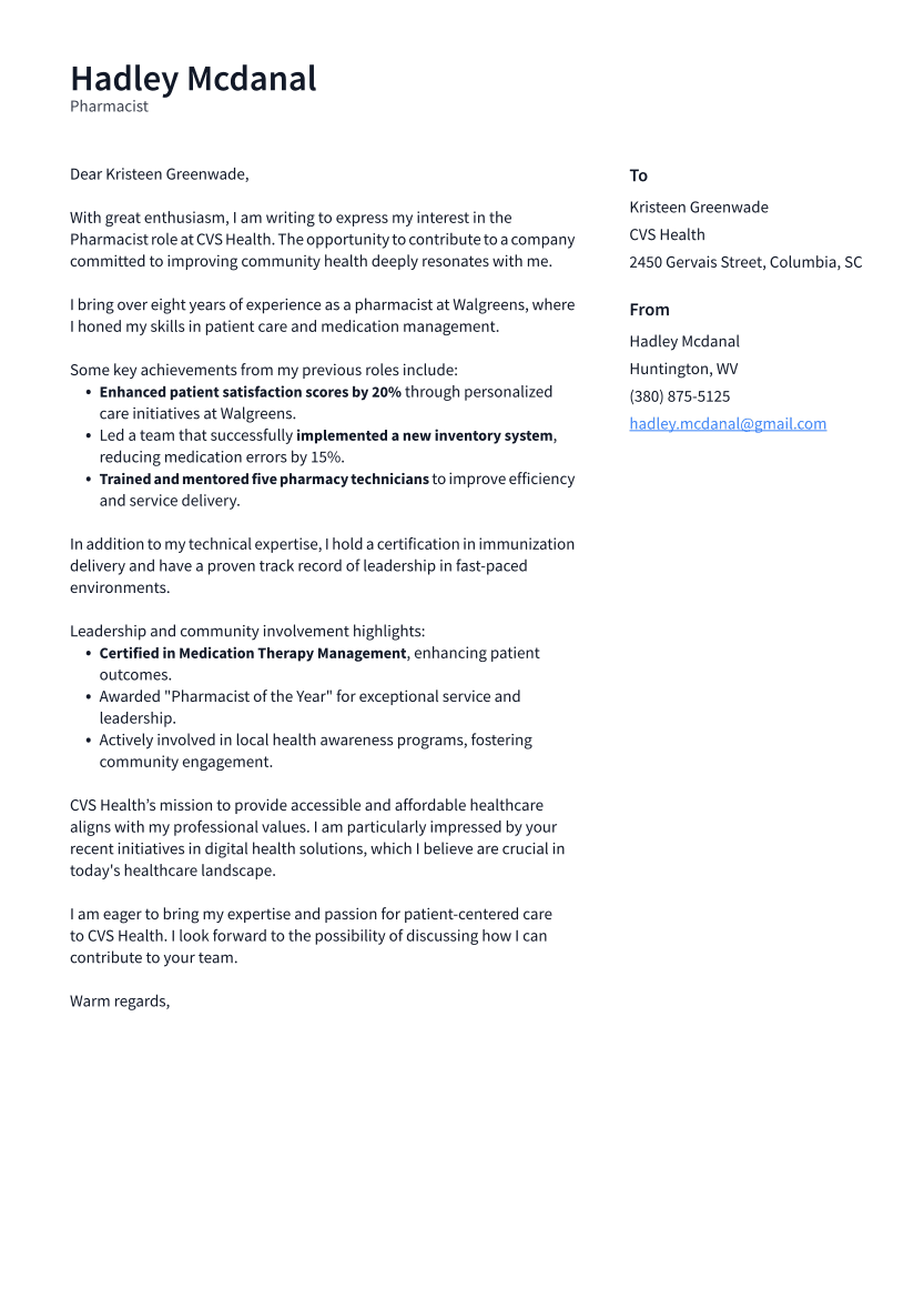 Pharmacist Cover Letter Example