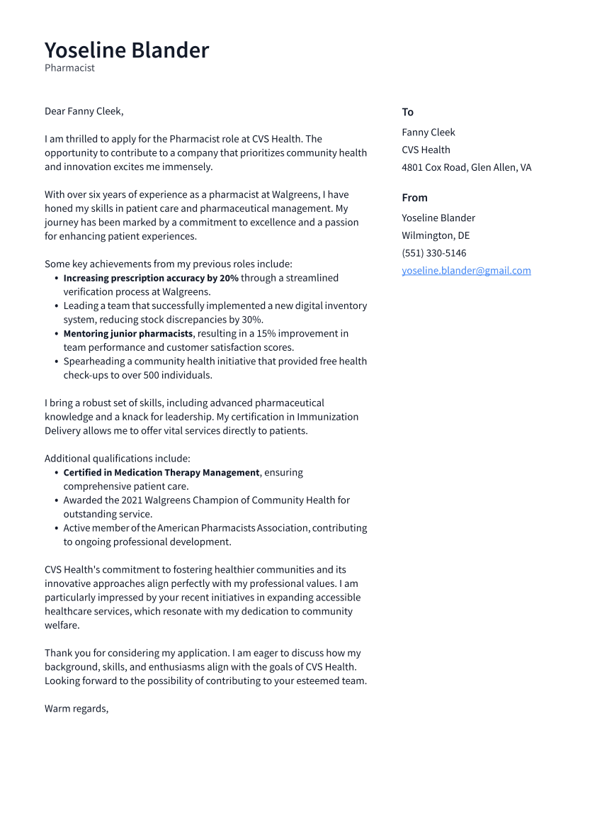 Pharmacist Cover Letter Example