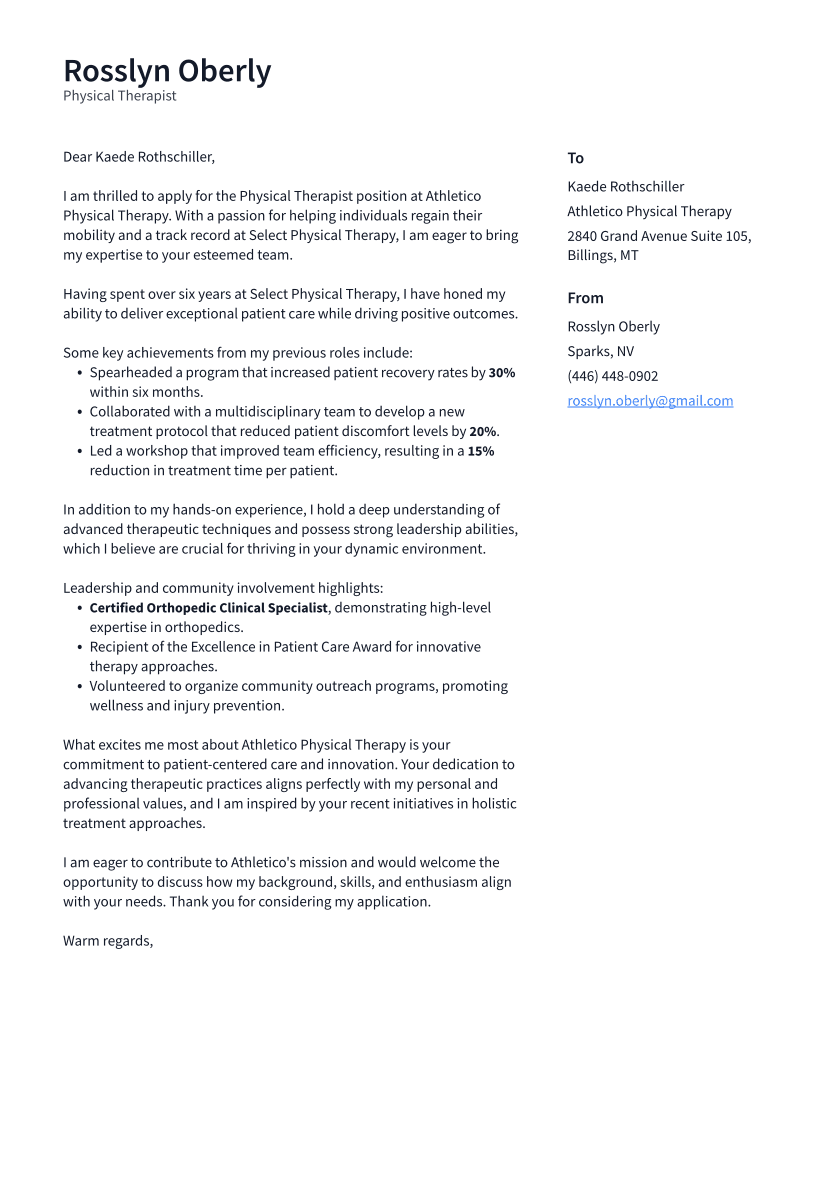 Physical Therapist Cover Letter Example
