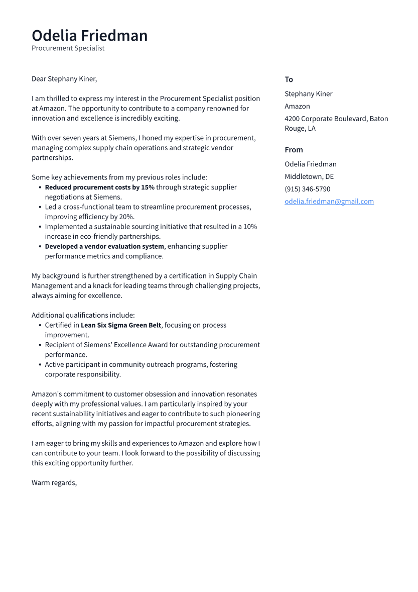 Procurement Specialist Cover Letter Example