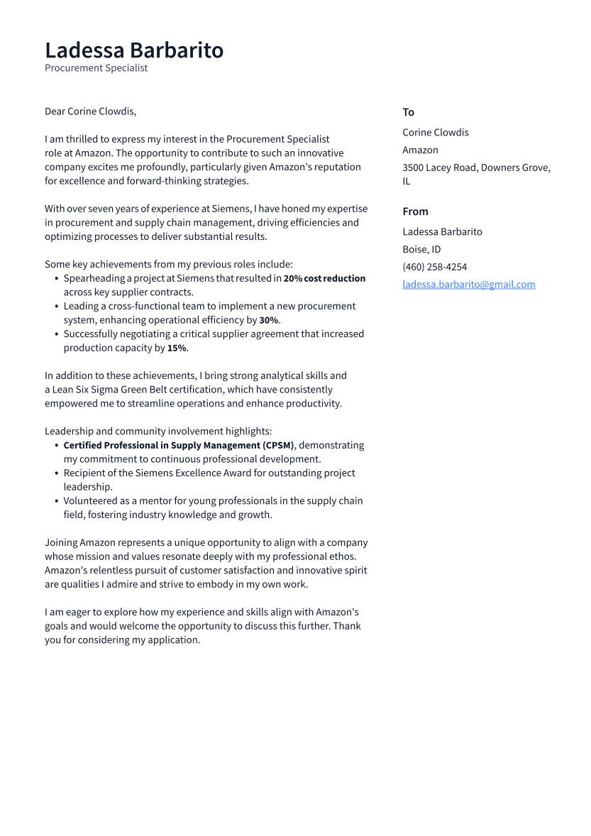 Procurement Specialist Cover Letter Example