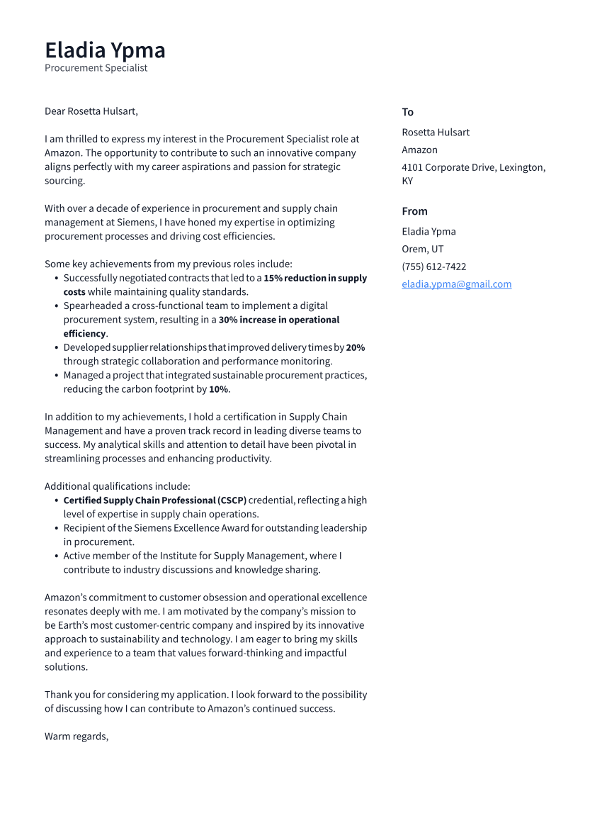 Procurement Specialist Cover Letter Example