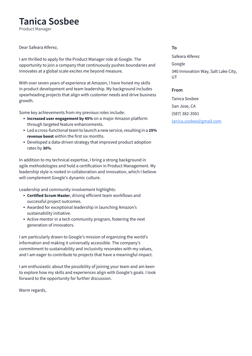Product Manager Cover Letter Example