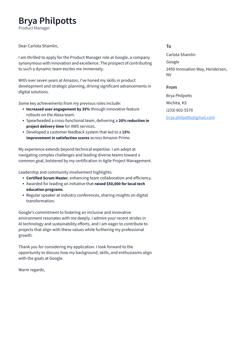 Product Manager Cover Letter Example