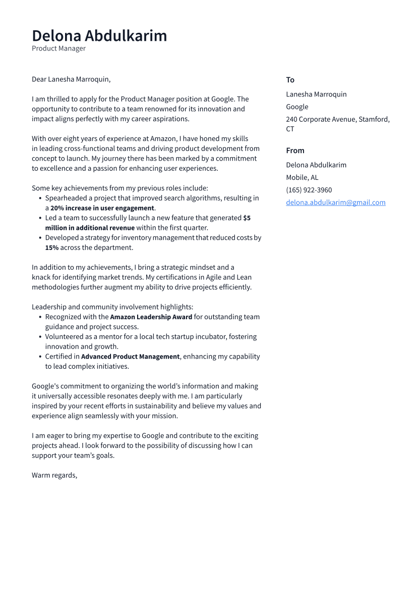 Product Manager Cover Letter Example