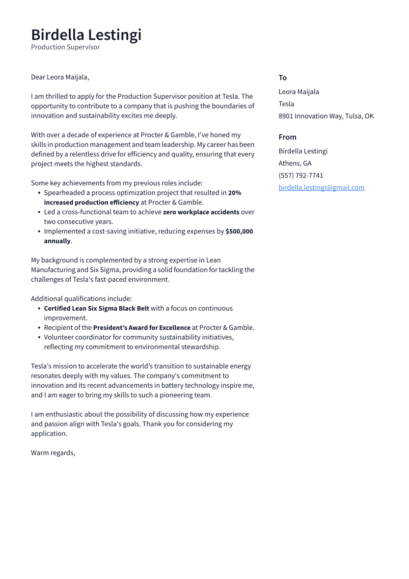 Production Supervisor Cover Letter Example
