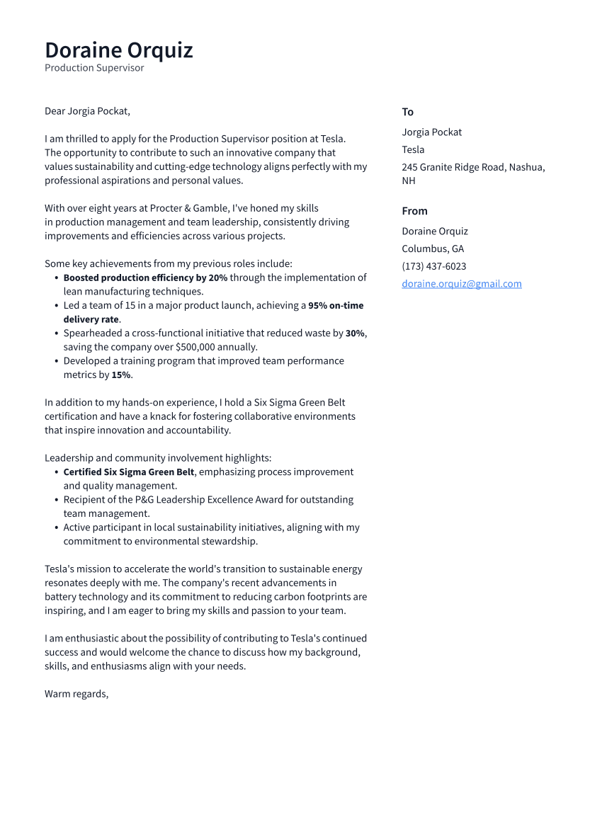 Production Supervisor Cover Letter Example