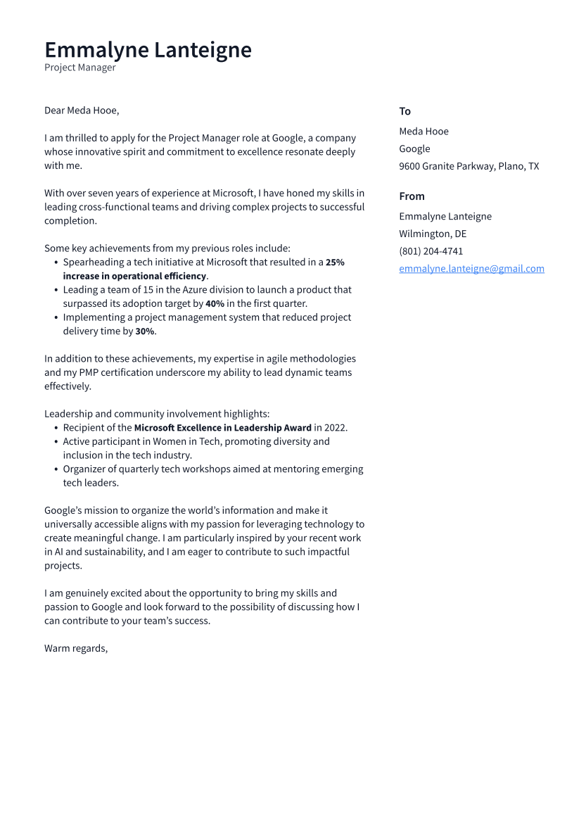 Project Manager Cover Letter Example