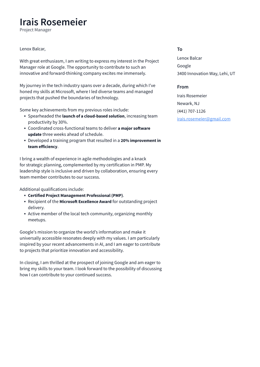 Project Manager Cover Letter Example