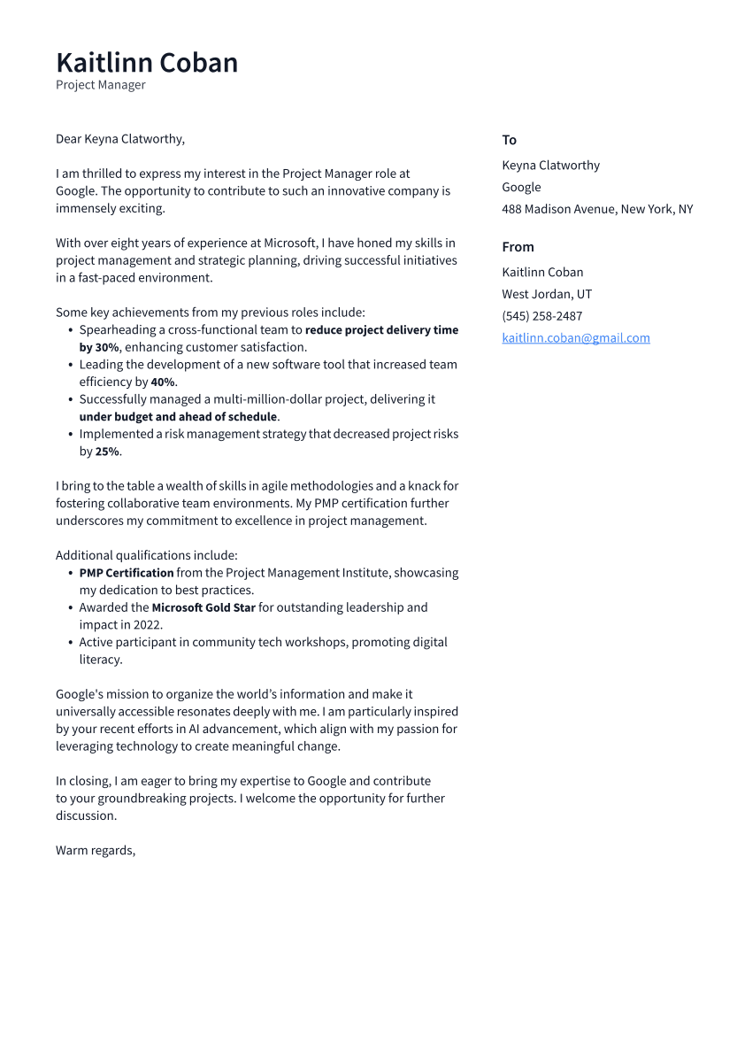 Project Manager Cover Letter Example