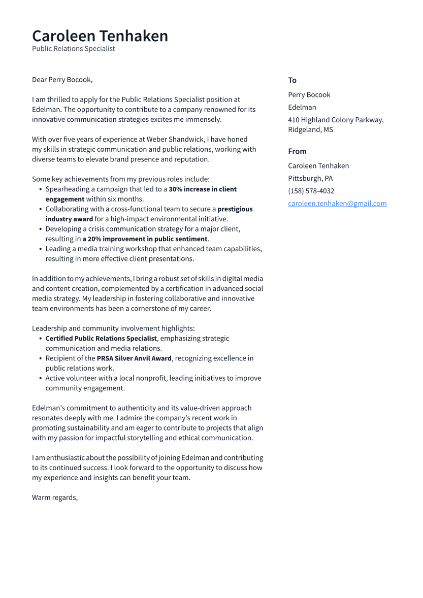 Public Relations Specialist Cover Letter Example