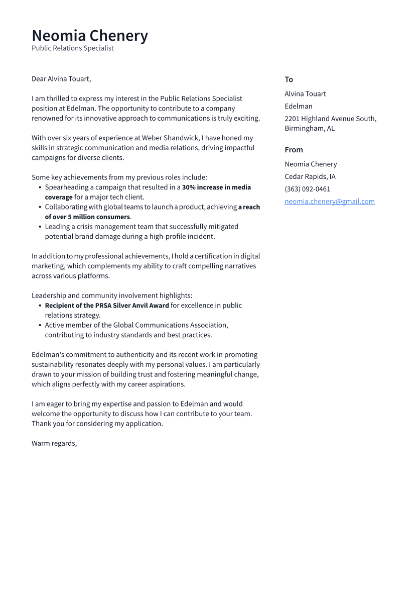 Public Relations Specialist Cover Letter Example