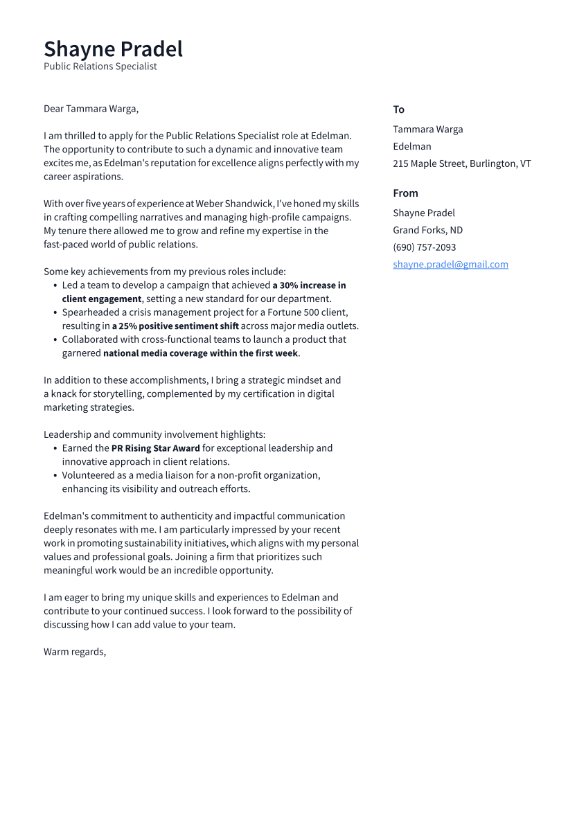 Public Relations Specialist Cover Letter Example