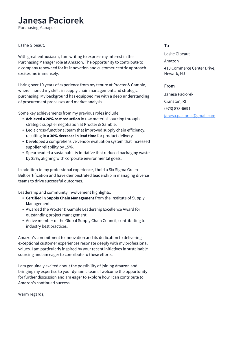 Purchasing Manager Cover Letter Example