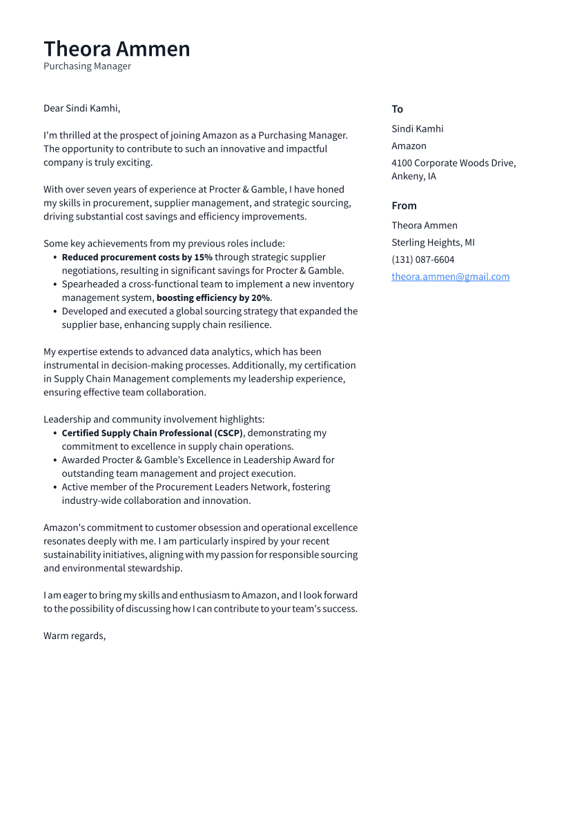 Purchasing Manager Cover Letter Example