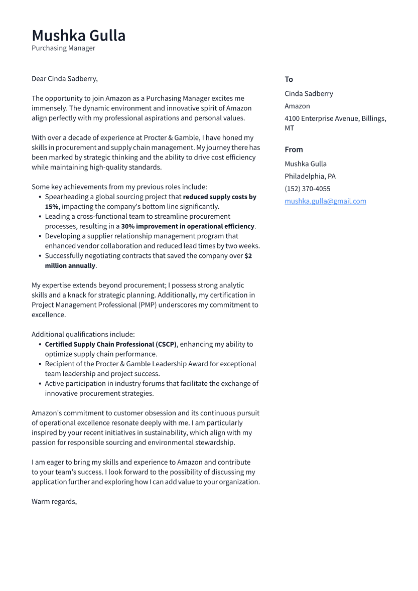 Purchasing Manager Cover Letter Example