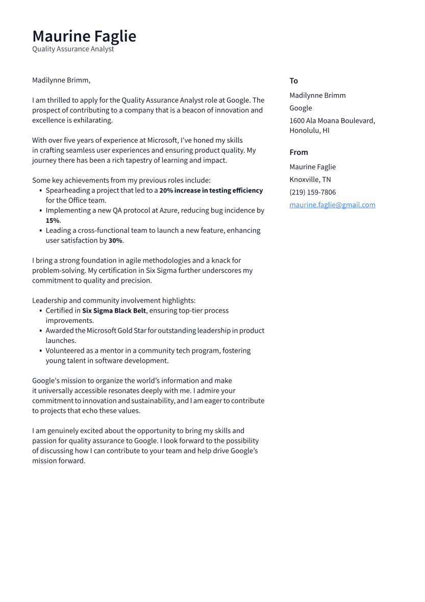 Quality Assurance Analyst Cover Letter Example