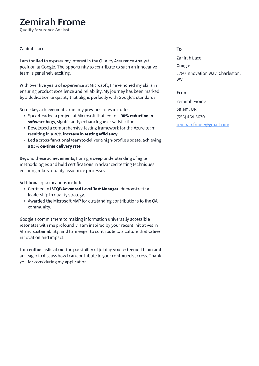 Quality Assurance Analyst Cover Letter Example