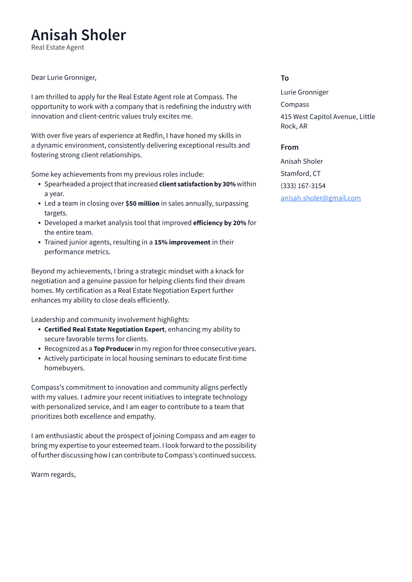 Real Estate Agent Cover Letter Example