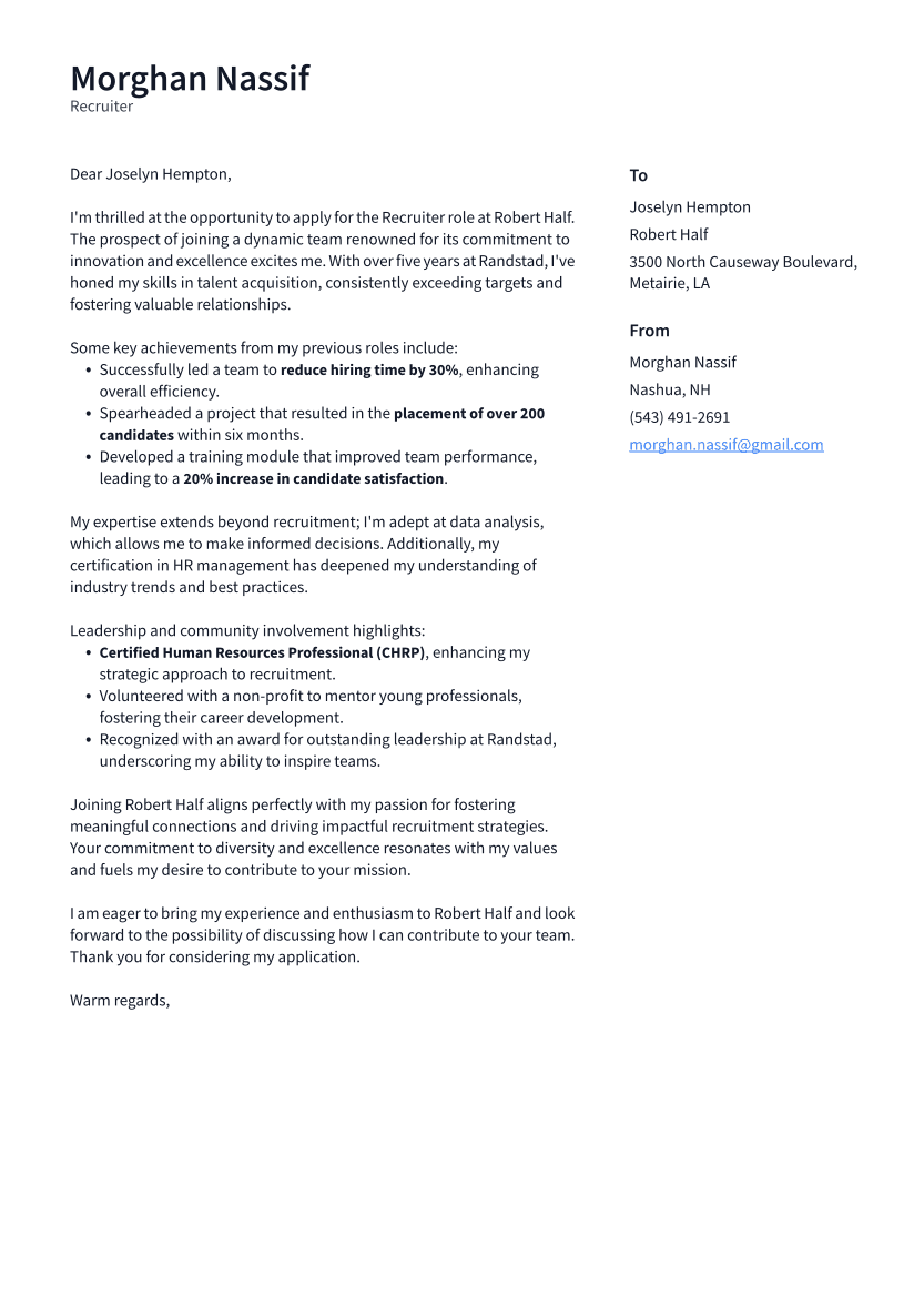 Recruiter Cover Letter Example