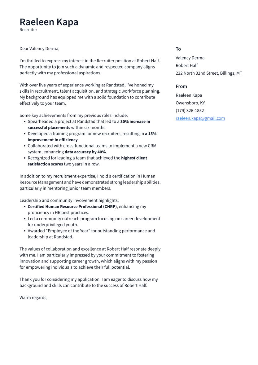Recruiter Cover Letter Example