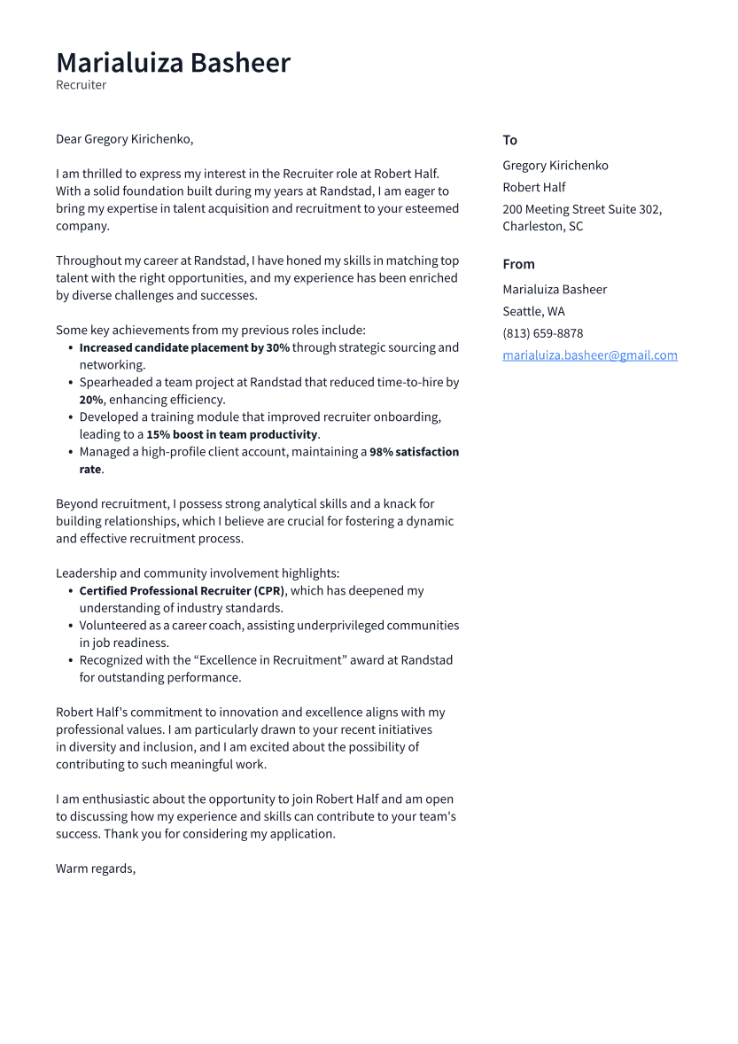 Recruiter Cover Letter Example