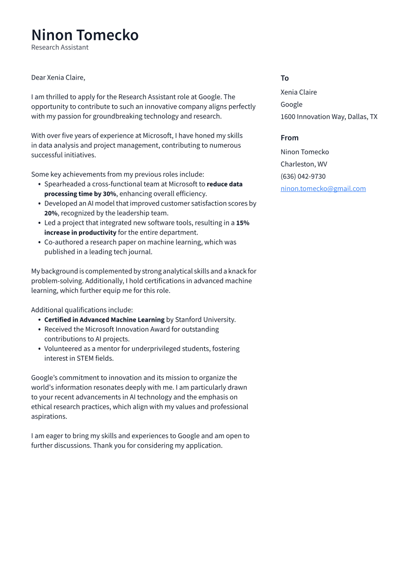 Research Assistant Cover Letter Example