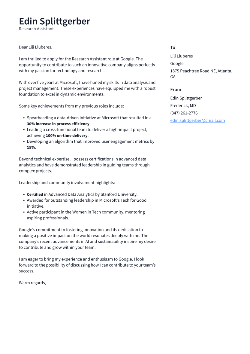 Research Assistant Cover Letter Example