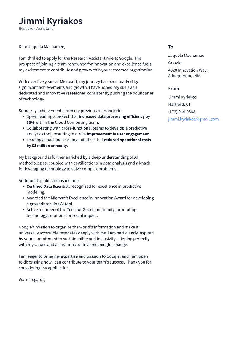 Research Assistant Cover Letter Example