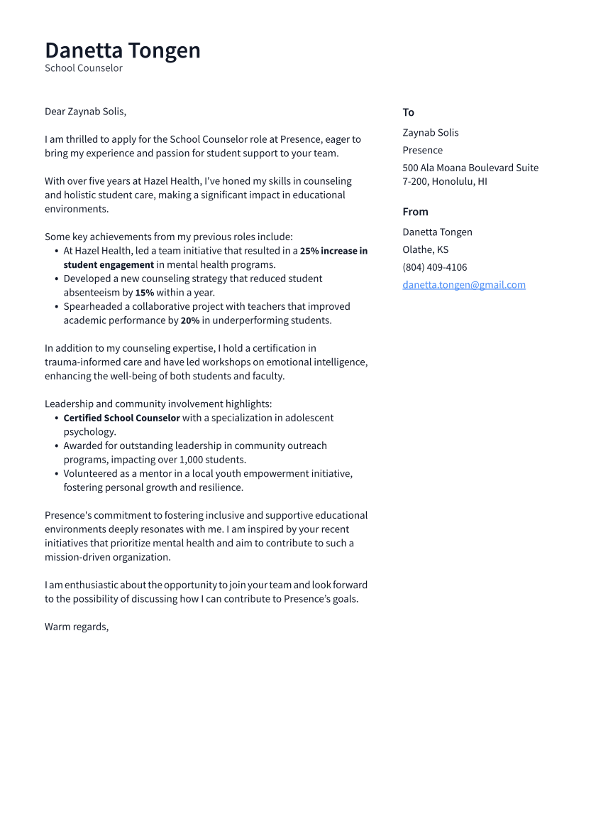 School Counselor Cover Letter Example
