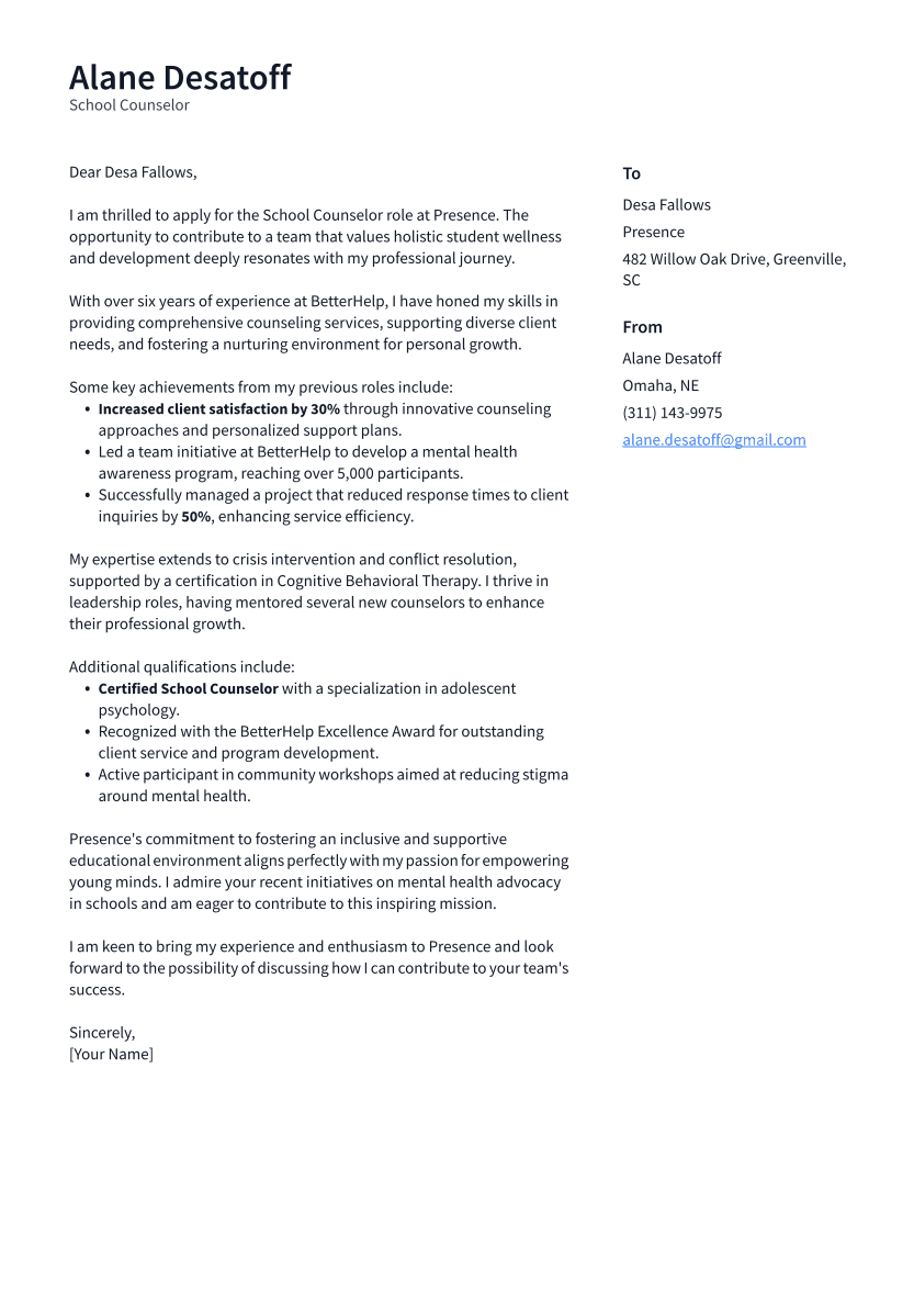 School Counselor Cover Letter Example