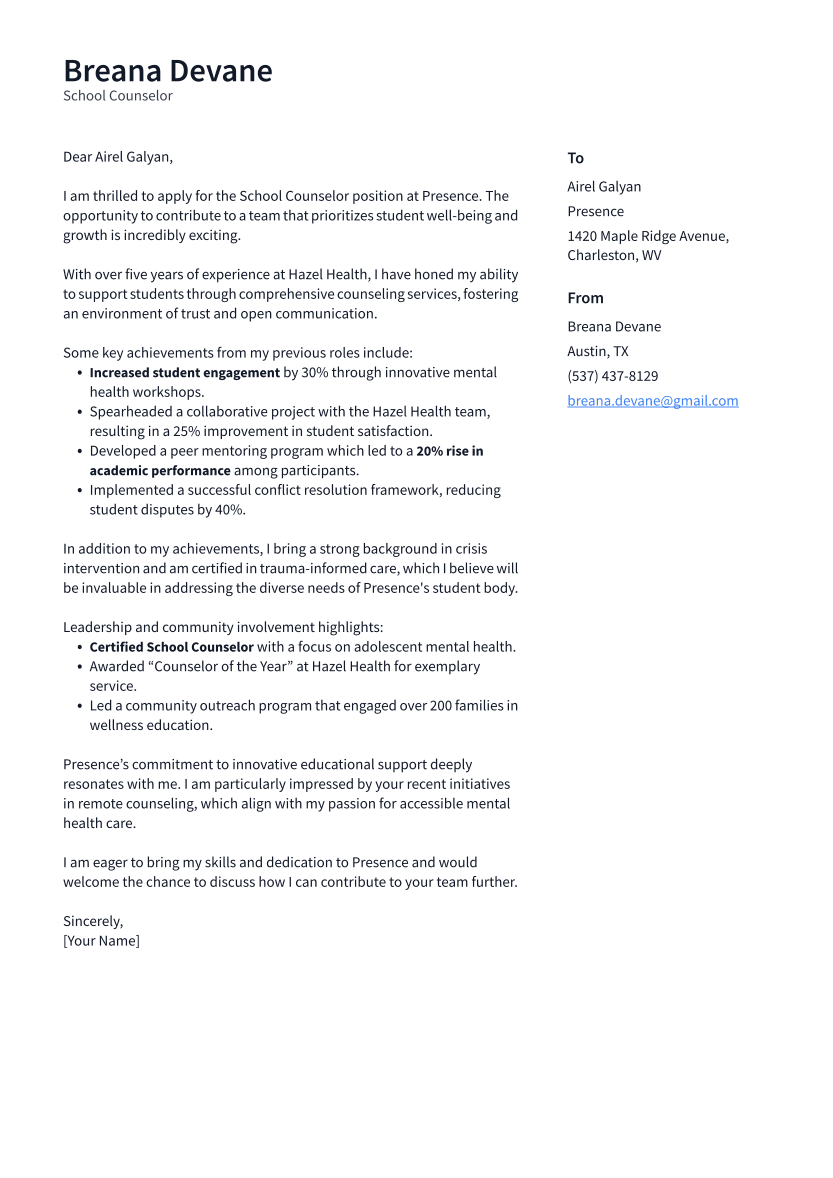 School Counselor Cover Letter Example
